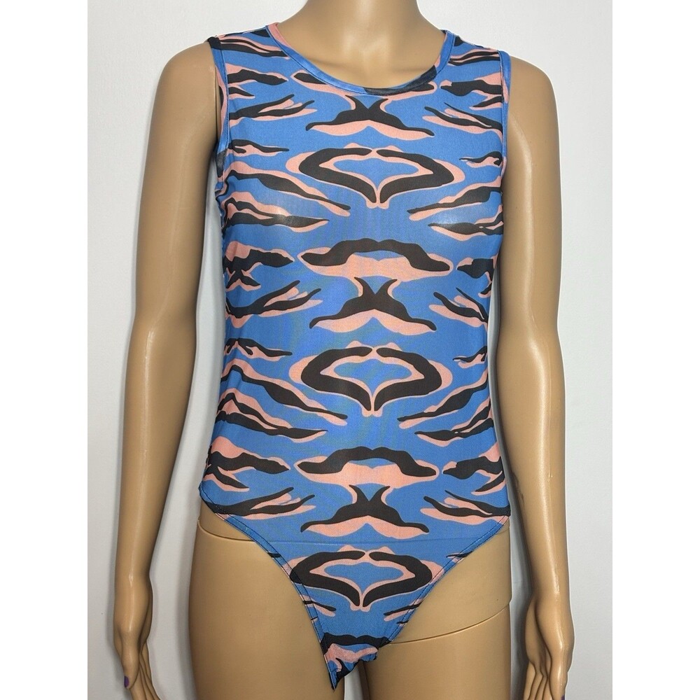 TEREA Blue Animal Print Mesh Bodysuit Women's Size XXL Y2K Unique